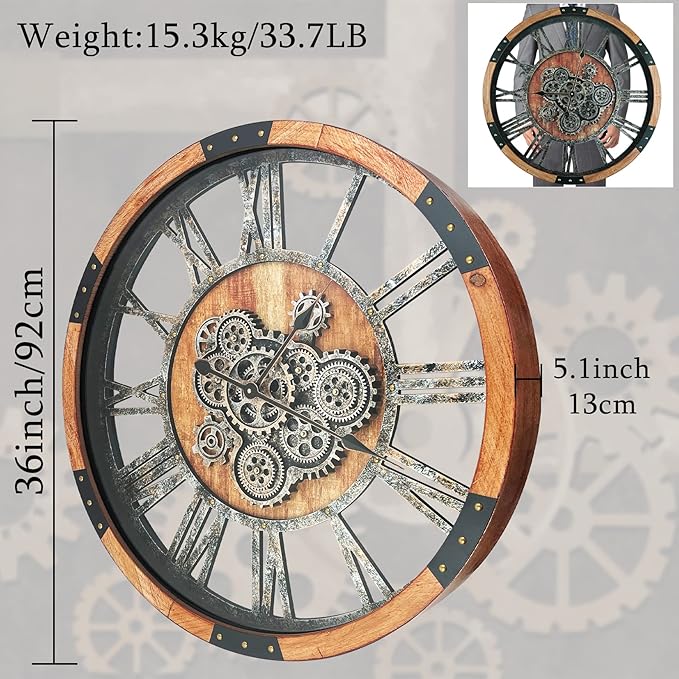 36 Inch Moving Gear Wall Clock, Oversized Wall Clocks, Clock Living Room Decor, Solid Wood Frame, Battery Operated, Large Wall Clock with Steampunk Industrial for Fireplace(Brown)