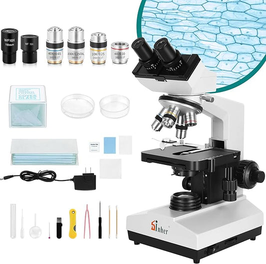 Sinher XSZ-107BN Professional Compound Binocular microscopes 40X-1600X Magnification with Microscope kit for Student Adults Suitable for Laboratory School Home Education.