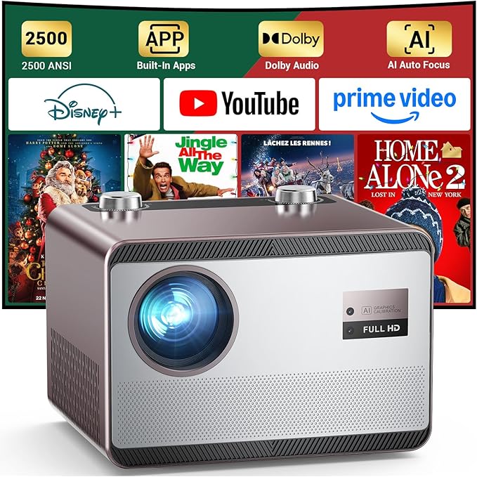 Projector-4K with WiFi and Bluetooth [2500 ANSI / AI Auto Focus / Official Licensed Apps], Outdoor Movie Projector with Smart TV OS 2.0 & Dolby, HAPPRUN Home Theater Projector for Indoor/Outdoor Use