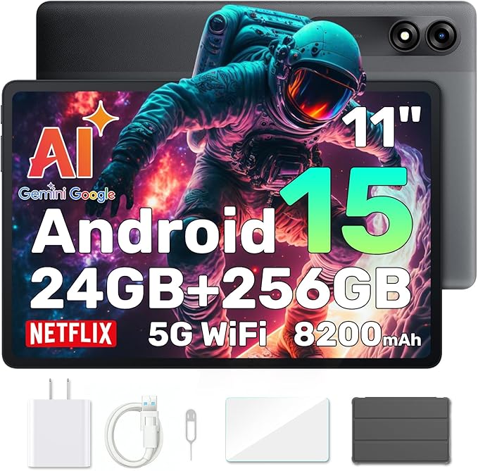 Blackview Android 15 Tablet with Gemini Ai, Android Tablet 11 inch with 24GB+256GB/2TB TF, 5G WiFi Tablets, Octa Core CPU, 8200mAh, 2K Incell Screen, 13MP+8MP Camaras/Face ID, Gray