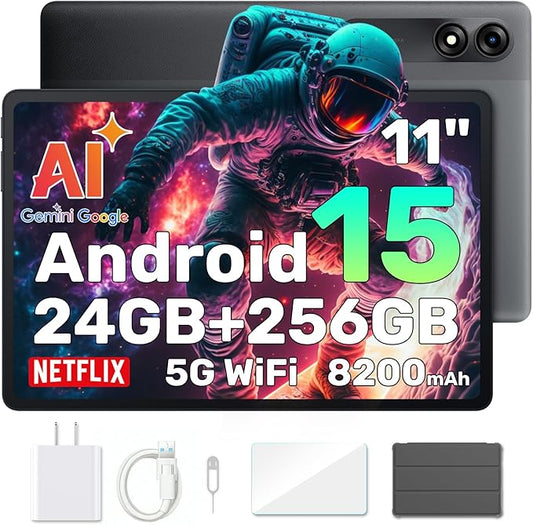 Blackview Android 15 Tablet with Gemini Ai, Android Tablet 11 inch with 24GB+256GB/2TB TF, 5G WiFi Tablets, Octa Core CPU, 8200mAh, 2K Incell Screen, 13MP+8MP Camaras/Face ID, Gray