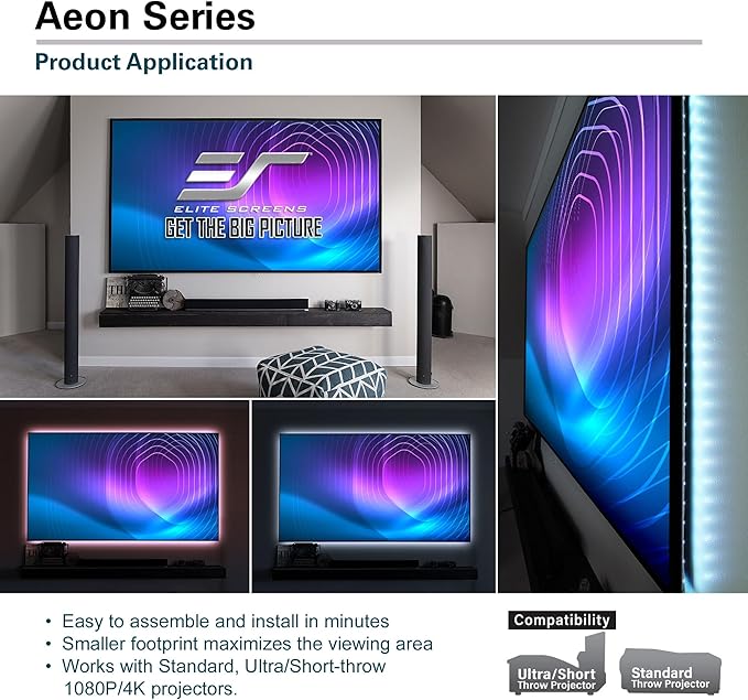 Elite Screens 100" Fixed Frame Projector Screen 16:9, Edge-Free 8K/4K UHD CineWhite, Standard, Short & UST Compatible Home Theater, AR100WH2
