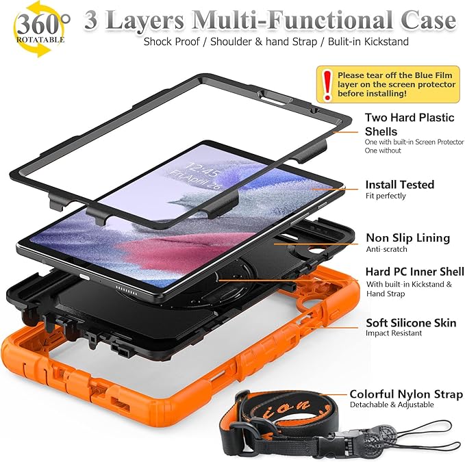 SEYMAC stock Case for Samsung Galaxy Tab A7 Lite 8.7'' with Screen Protector Pencil Holder [360 Rotating Hand Strap] &Stand, Drop-Proof Case for Samsung A7 Lite 2021 SM-T220/T225/T227, Orange/Black