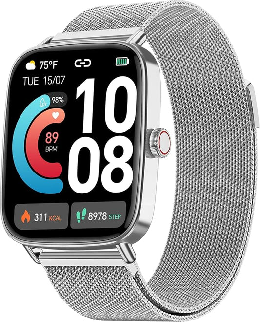 Smart Watch for Men Women, 1.85" HD Smartwatch Compatible iPhone/Samsung/Android (Answer/Make Calls), 100+ Sport Modes Fitness Tracker with Heart Rate/Sleep/SpO2 Monitor, IP68 Waterproof, Metal Band