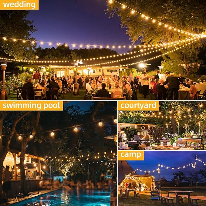 50FT G40 LED String Lights with 25 Shatterproof Bulbs (2 Spares), E12 Sockets, 2700K Warm White, eatherproof Patio Lighting for Garden,Backyard,Party,Wedding,Porch,Deck,Gazebo,Bistro,Camping