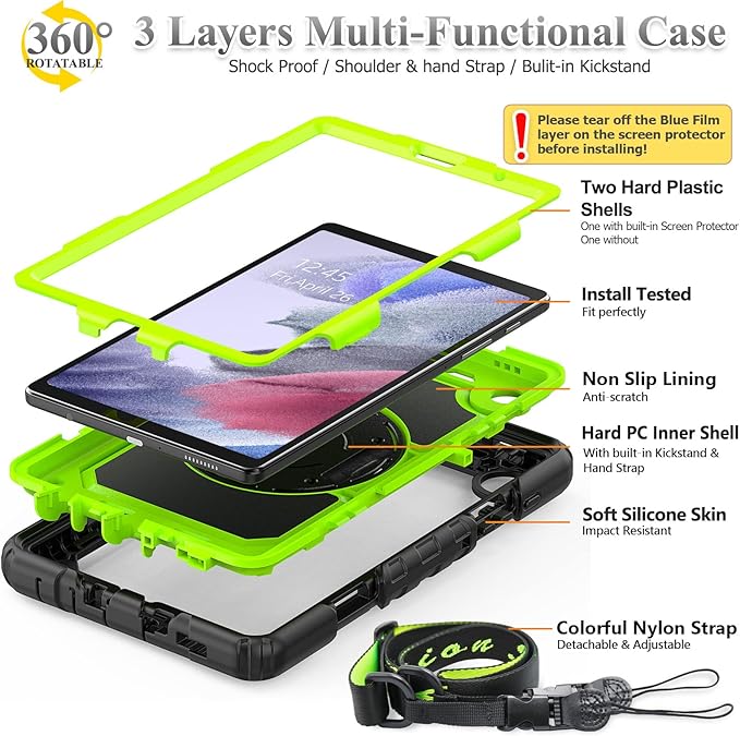SEYMAC stock Case for Samsung Galaxy Tab A7 Lite 8.7'' with Screen Protector Pencil Holder [360 Rotating Hand Strap] &Stand, Drop-Proof Case for Samsung A7 Lite 2021 SM-T220/T225/T227, Green/Black