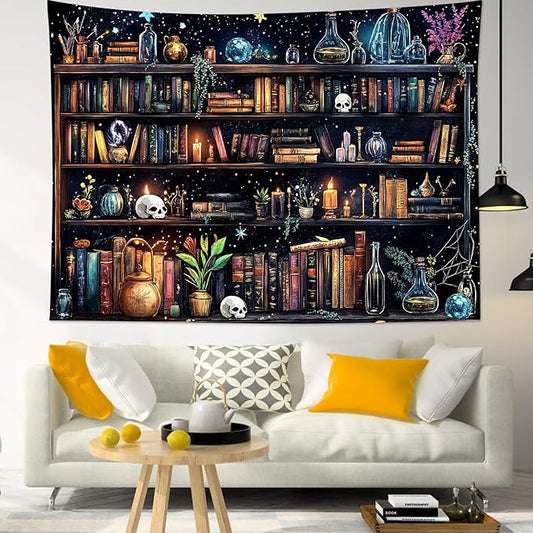 HVEST Magic Bookshelf Tapestry Wall Hanging Vintage Bookshelf Witchy Books Plant Skull Gothic Halloween Tapestry Aesthetic Starry Sky Tapestries for Bedroom Living Room Dorm, 51L x 59W Inches