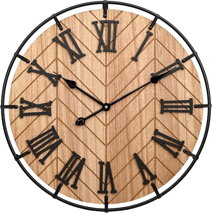 24 Inch Large Wooden Wall Clock – Extra Large FarmhouseWall Clock with 3D Roman Numerals & Herringbone Splicing, Brown Modern Wood Wall Clock for Living Room