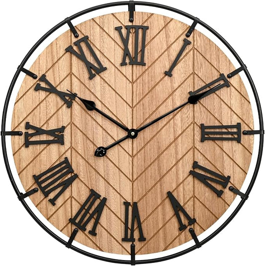 24 Inch Large Wooden Wall Clock – Extra Large FarmhouseWall Clock with 3D Roman Numerals & Herringbone Splicing, Brown Modern Wood Wall Clock for Living Room