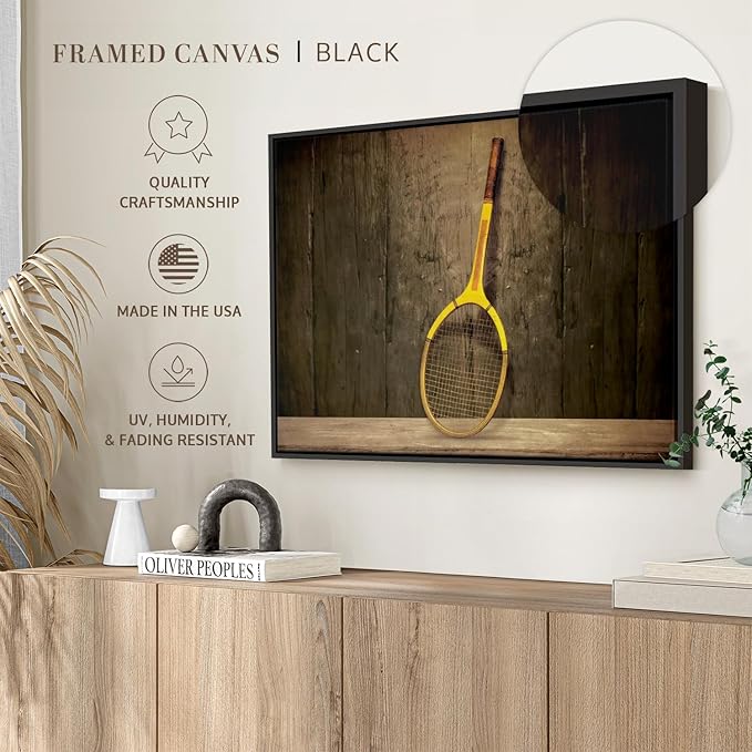 ElephantStock Vintage Tennis Racket Wall Art - Horizontal Framed Canvas - 1-Piece Living Room Wall Decor - Photography Sports Canvas Print - Brown and Black Decor for Wall - 13" X 9"