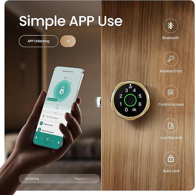 Leydebong 4-in-1 Smart Door Lock with Fingerprint and Keypad - Keyless Entry Electronic Lock with App Control and Mechanical Key - Easy Installation Door Knob with Code in Satin Brass