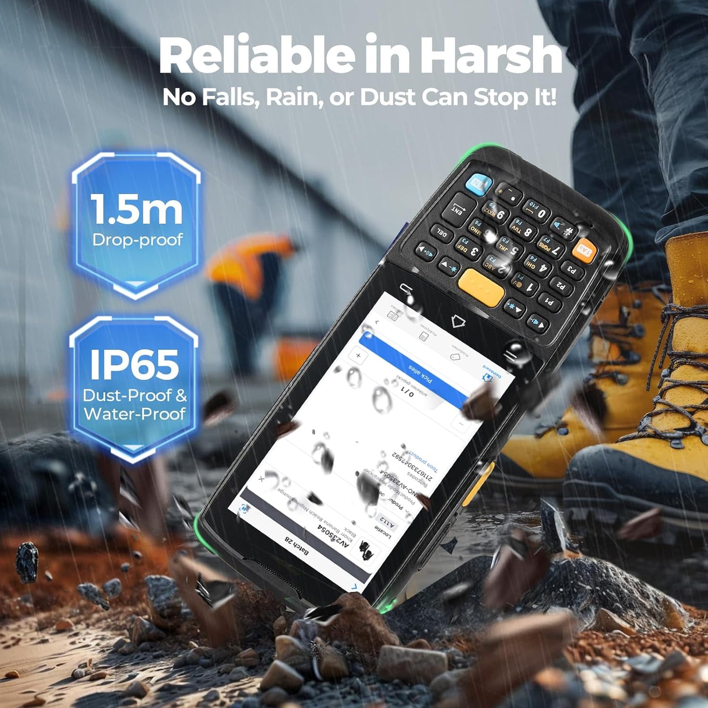 MUNBYN Android 14 Barcode Scanner with Pistol Grip,Equipped with Honeywell HS7 QR Scanner, 4GB+64GB Handheld PDA, 4-inch Touchscreen, IP65 Rugged, 5000mAh for Inventory Warehouse Logistics MC005P