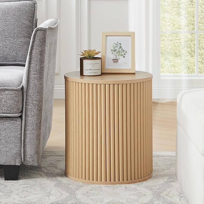 AVZEAR Small Round Side Table Fluted Night Stand Set of 2, Modern Boho End Table with Storage, Circle Bedside Tables Wood Nightstands for Small Spaces, Living Room, Bedroom (Nature)