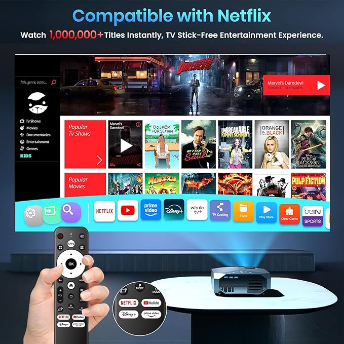 [Compatible with Netflix/High Brightness] Smart Projector with WiFi 6 and Bluetooth 5.3, 4K Outdoor Movie Projector with Prime Video/YouTube, Portable Proyector Compatible with HDMI/USB/iOS/Android