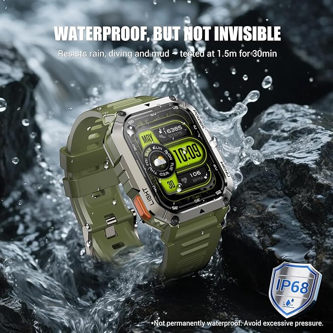 Military Smart Watches for Men，Smart Watch for Android iPhone with Large 2.01"Fitness HD Display/Flashlight/100-Day Battery/Compass/Heart Rate/120+ Sports Modes/IP68 Waterproof Smartwatch （2 Straps)