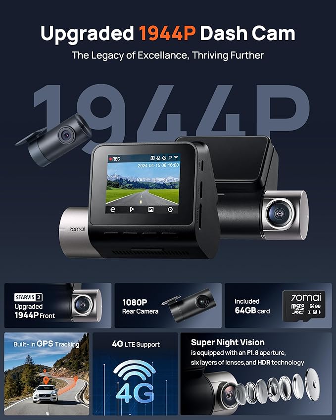 70mai Dash Cam Front and Rear A510,1944P+1080P with STARVIS 2 IMX675 and 64GB Card, Dash Camera for Cars, 4G LTE Support, ADAS, Built-in GPS WiFi, APP Control, HDR, 24H Parking Mode, Loop Recording