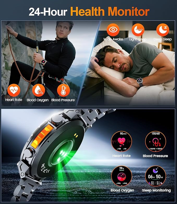 Military Smart Watches for Men GPS, 1.56" AMOLED Screen Bluetooth Call, Smartwatch for Android Phones and iPhone, 100+ Sport Modes, 3ATM Waterproof Smart Watch with Compass