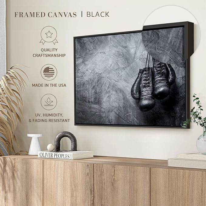 ElephantStock Boxing Gloves Wall Art - Horizontal Framed Canvas - 1-Piece Living Room Wall Decor - Photography Sports Canvas Print - Black and Gray Decor for Wall - 31" X 21"