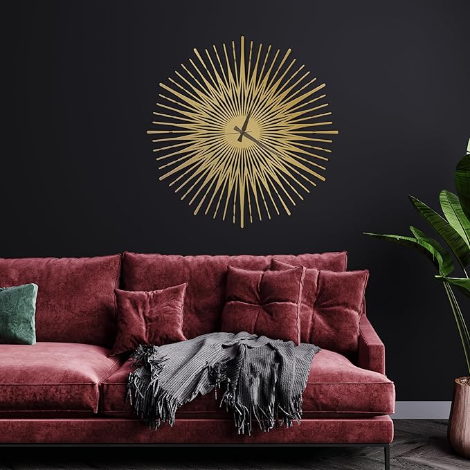 Sun Rays Wall Clock, Large Metal Decorative Wall Clock, Modern Minimalist Wall Decor (Gold, Small)