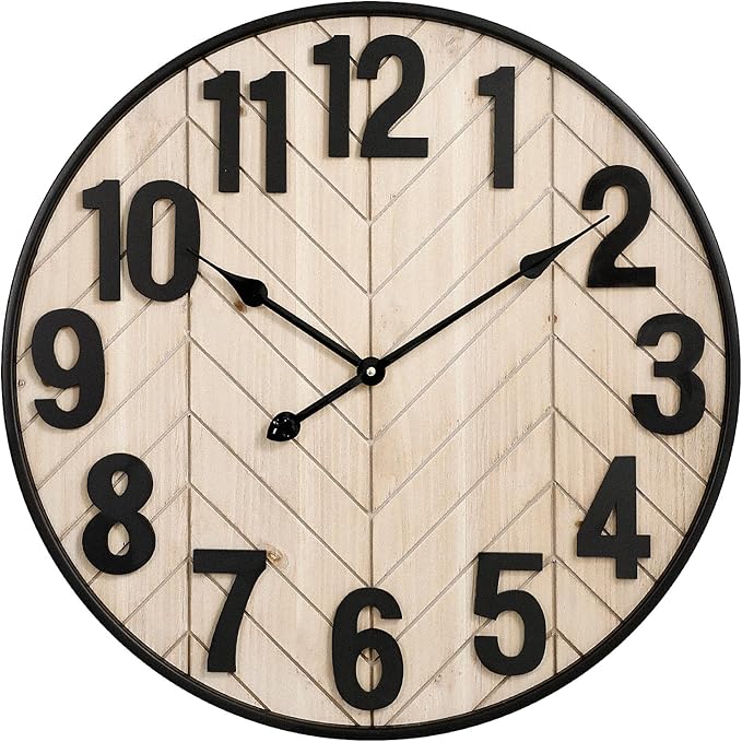 24 Inch Large Wall Clock for Living Room Decor, Rustic Wooden Farmhouse Wall Clock with Black Metal Frame, Battery Operated Non-Ticking Silent Wall Clocks for Home Decor (Brown)