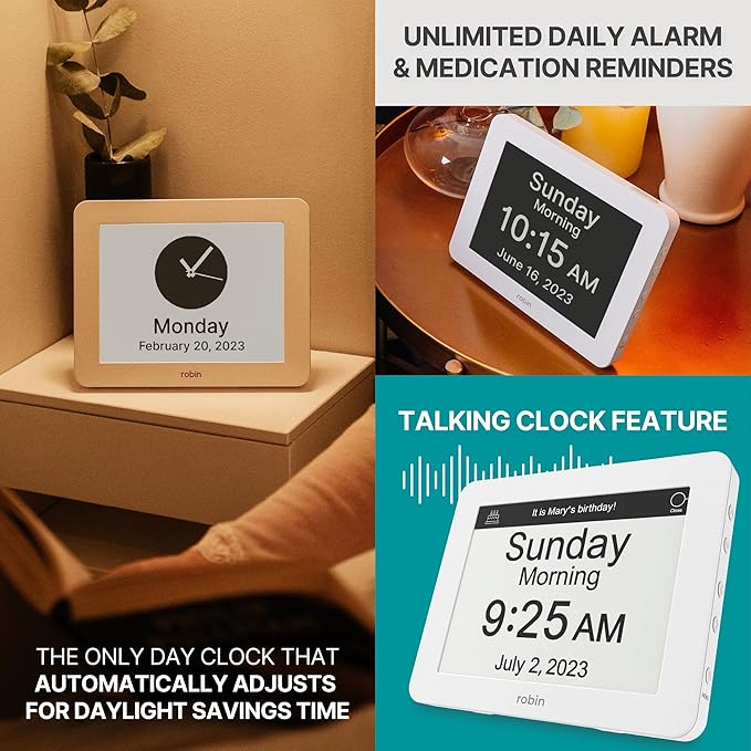 Robin Clock 2024 with Day and Date for Elderly, Clocks for Seniors, Dementia Clock, Digital Calendar Clock Elderly, Bedside Clocks Seniors, Alzheimers Products, Dementia Clocks Extra Large, Brown Wood