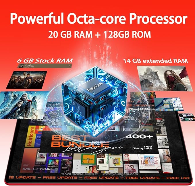 Android 15 Tablet with Keyboard Mouse, 20GB RAM + 128GB ROM (Expand to 1TB), 10.1 Inch Octa-Core Tablets with WiFi 6, Dual Camera, 1280x800 IPS Display, 6000mAh Battery, Widevine L1 - Red