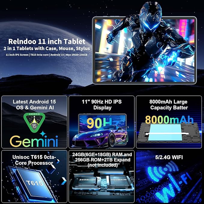 2025 11 inch Tablet, Android 15 Tablets with Keyboard, 24GB+256GB+2TB Expand, Octa-Core, 8000mAh, Tablet PC with 5G/2.4G WiFi, BT5.0, GMS, GPS, 2 in 1 Tablets with Case, Mouse, Stylus(Black Case)