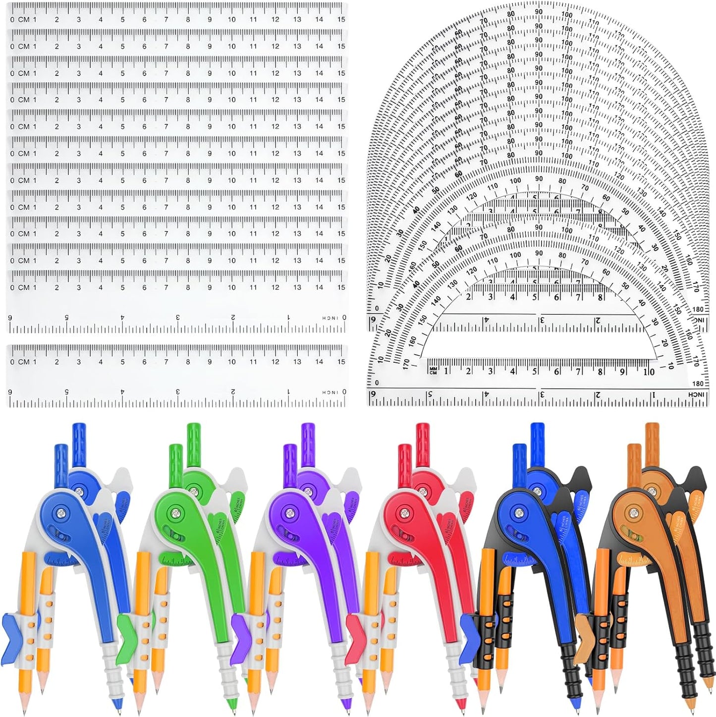 36 Pack Math Compass & Protractor Geometry Math Plastic Ruler Set Drawing Compass with Pencils 6 Inch Plastic Protractor for Geometry Bulk for Office Woodworking Art Drawing