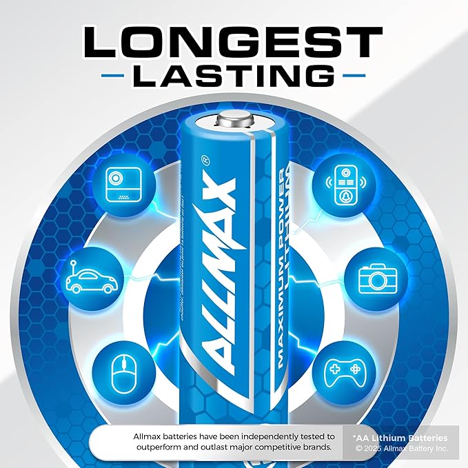 Allmax AA Maximum Power Lithium Batteries (12 Count) – Longest Lasting, Leakproof, 20-Year Shelf Life, Ultimate Performance, Perfect for Blink Security Cameras (1.5V)