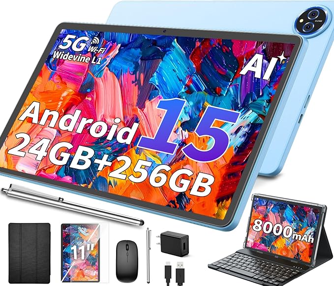11 Inch Tablet Android 15 Tablet, 2026 Tablets with keyboard, 24GB+256GB+2TB Expand, 2 in 1 Tablets with Case Mouse Stylus, 8000mAh Battery, Octa-Core, Supports Widevine L1, 5G WiFi, GPS (Black Case)