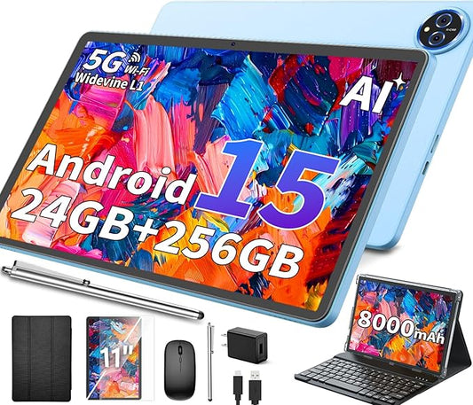 11 Inch Tablet Android 15 Tablet, 2026 Tablets with keyboard, 24GB+256GB+2TB Expand, 2 in 1 Tablets with Case Mouse Stylus, 8000mAh Battery, Octa-Core, Supports Widevine L1, 5G WiFi, GPS (Black Case)