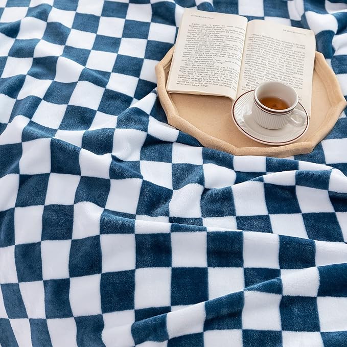 LOMAO Throw Blankets Flannel Blanket with Checkerboard Grid Pattern Soft Throw Blanket for Couch, Bed, Sofa Luxurious Warm and Cozy for All Seasons (Navy, 50"x60")
