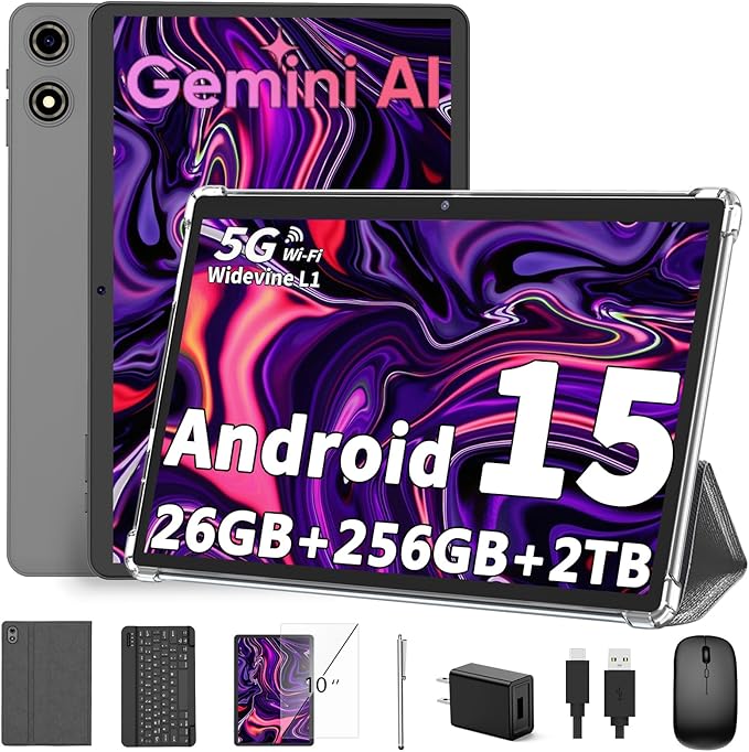 2026 Android 15 Tablet 10 Inch, 26GB+256GB+2TB Expand, 2 in 1 Tablets with Keyboard Case Mouse Stylus, 8000mAh Battery, Octa-Core, Dual Camera, Supports Widevine L1, 5G WiFi, GPS (Sliver Case)