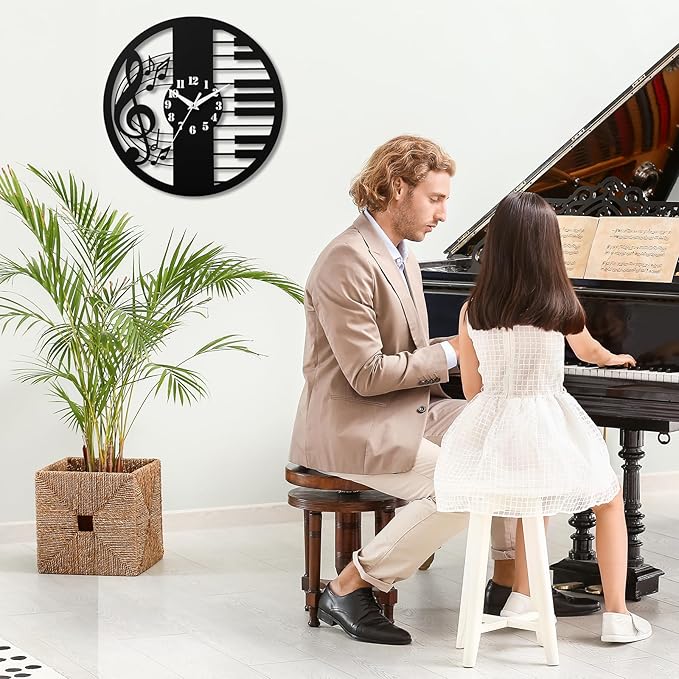 12 Inch Music Themed Wall Clock - Piano Key & Musical Note Design, Silent and Battery Operated - Perfect for Music Room, Studio Decor - Gift for Pianists, Musicians & Music Lover