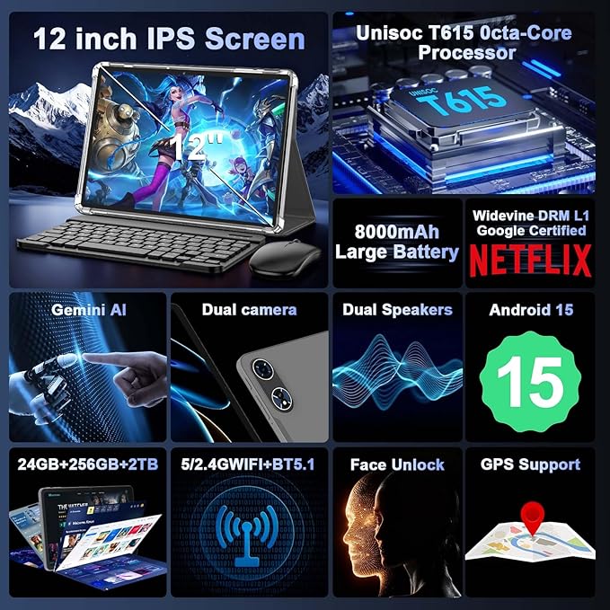 2026 12 Inch Tablet, Android 15 Tablets with Keyboard, 24GB+256GB+2TB Expand, 2K Display, Tablet PC with 5G WiFi, Octa-Core, 8000mAh, BT5.0, GMS, GPS, 2 in 1 Tablets with Case, Mouse, Stylus(Silver)
