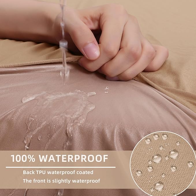 hyha Waterproof Couch Cushion Covers, Stretch Sofa Couch Seat Slipcover for Dog Washable, Non-Slip Waterproof Outdoor Cushion Covers for Patio Furniture Replacement (3 Pieces, Camel)