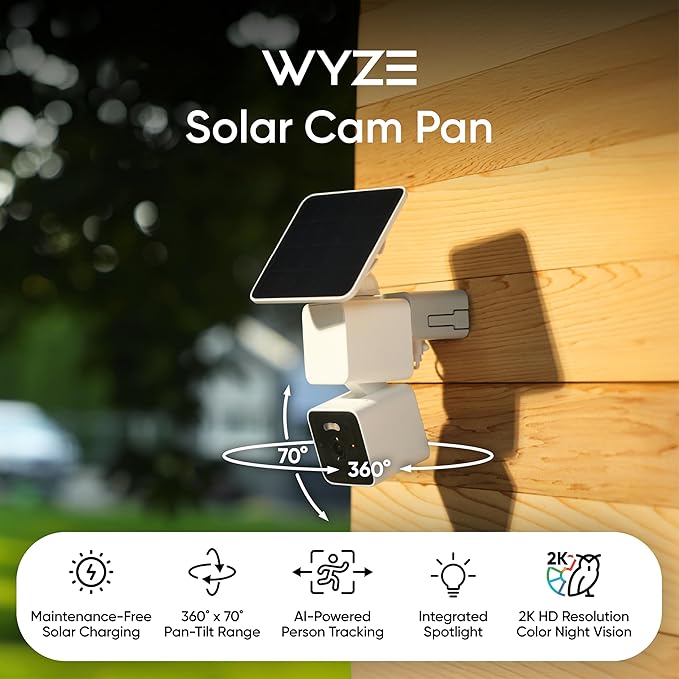 WYZE Solar Cam Pan (Flagship Model), AI Security Cameras Wireless Outdoor, Battery Powered Cameras for Home Security, 2K Crystal-Clear, Enhanced Color Night Vision, No Blind Spots, Peace of Mind