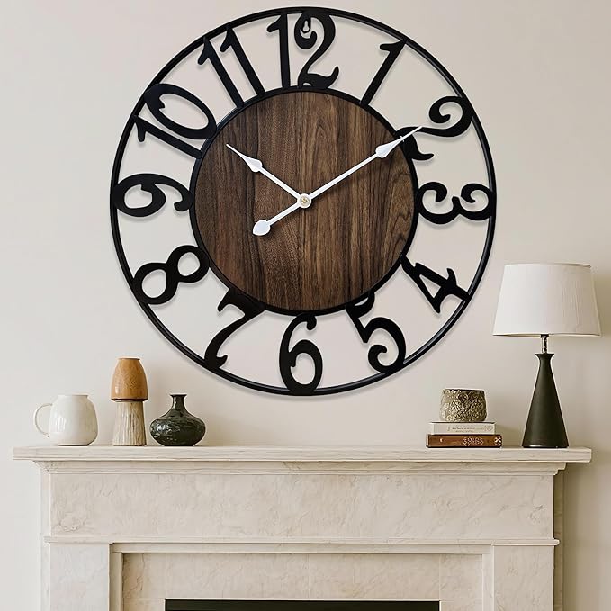 16 Inch Large Wall Clock for Living Room Bedroom Kitchen Mantel Decor, Silent Battery Operated Decorative Non Ticking Metal Round Modern Farmhouse Arabic Numerals Big Clock Wall Decor