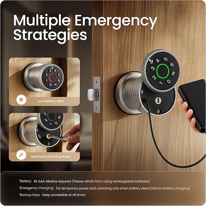 Leydebong 4-in-1 Smart Door Lock with Fingerprint and Keypad - Keyless Entry Electronic Lock with App and Mechanical Key - Easy Installation Smart Door Knob in Satin Nickel