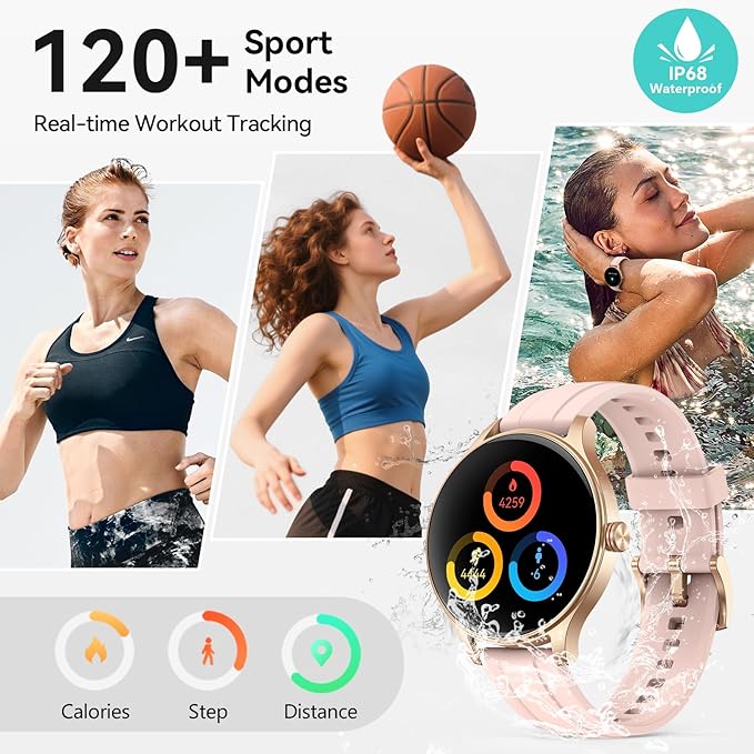 Smart Watches for Women (2 Bands), 1.27" Round Fitness Watch for Android iPhone with Bluetooth Calls (Make/Answer), AI Voice Command, Heart Rate/SpO2/Sleep Monitor, 12 Days Battery, IP68 Waterproof