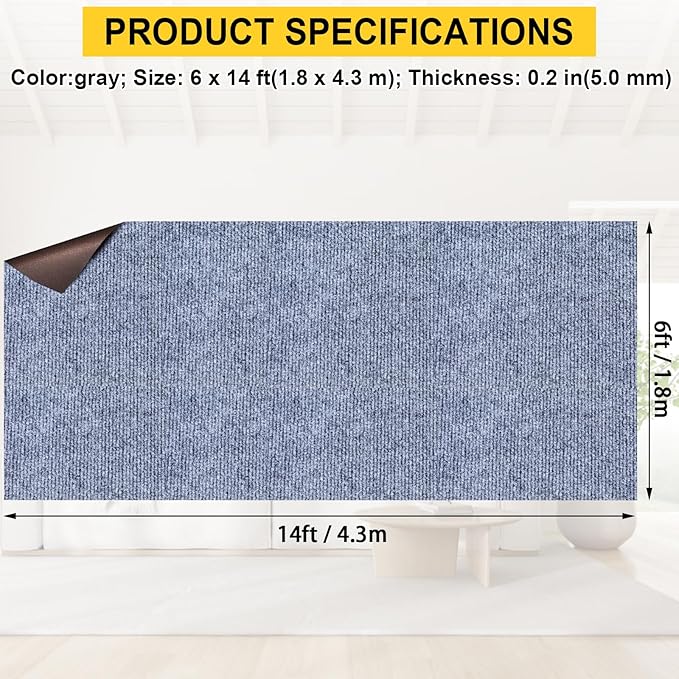 Marine Carpet,6 FT x 14 FT Blue-Gray Indoor Outdoor Carpet 0.2" Thick Boat Carpet with Water-Proof TPE Backing, Non-Slide Outdoor Marine Carpet Roll for Home, Patio, Porch, Deck