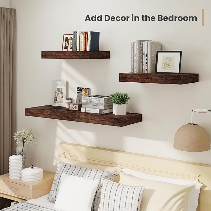 Heimlove 12 Inch Deep Floating Shelves, 48 x 12 inches Long Wall Shelf, Large Display Shelf & Storage Shelf, Rustic Wood Wall Shelves for Fireplace Mantel, Set of 2(Rustic Brown)