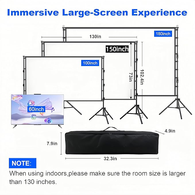 Outdoor Projector Screen with Stand, 150 inch Portable Projection Screen Wrinkle-Free 16:9 4K HD Rear Front Movie Screen with Carry Bag for Indoor Home Theater, Camping and Backyard Entertainment