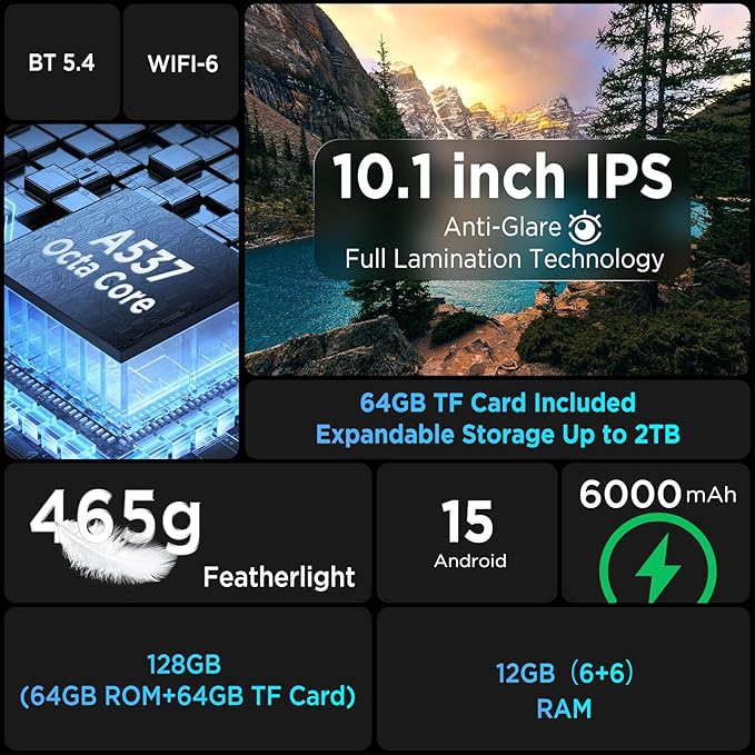 Android Tablet,10.1 Inch Android 15 Tablet with Octa-Core Processor,12GB RAM+128GB ROM(64GB ROM+64GB TF Card Included),1280 * 800 IPS HD Screen,6000mAh,Dual Camera,WiFi 6,BT 5.4