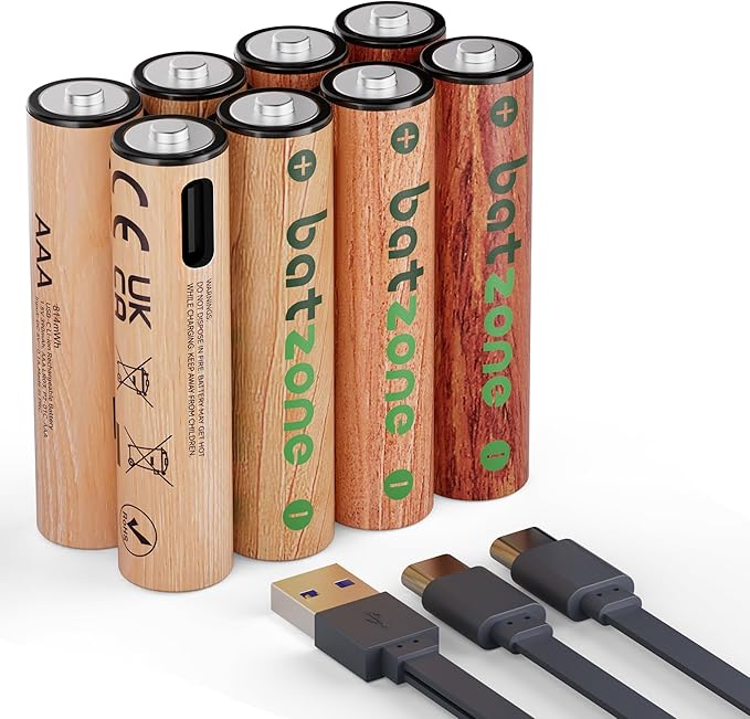 Rechargeable AAA Batteries, 814mWh AAA Batteries Lithium, Long Lasting USB C AAA Rechargeable Battery, 8 Pack with 2 USB-C 2-in-1 Charging Cable Over 1000+ Cycles