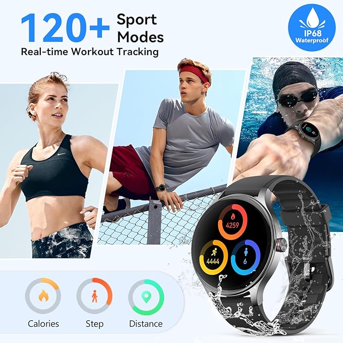 Smart Watches for Men/Women (2 Bands), 1.27“ Round Smartwatch Fitness Tracker with Bluetooth Calls (Make/Answer), Heart Rate/SpO2/Sleep Monitor, 12 Days Battery, IP68 Waterproof