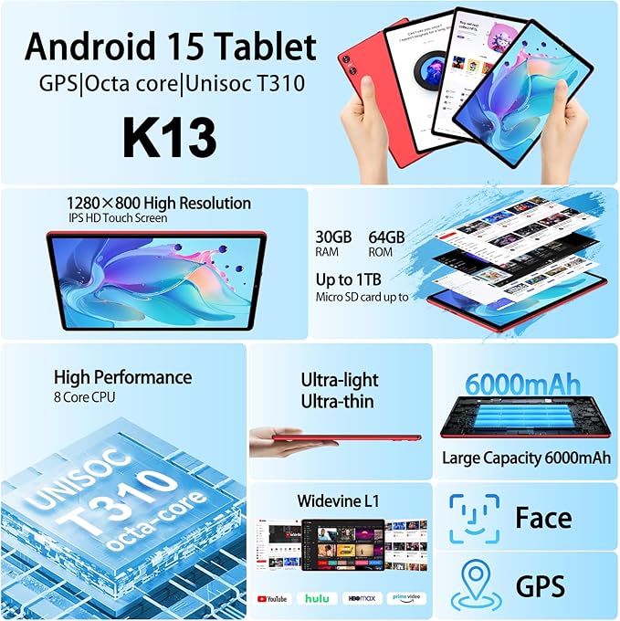 2025 Android 15 Tablet with Keyboard, 10.1 Inch Tablets FHD Display 30GB RAM 64GB ROM 1TB Expand, Octa-Core 2.0GHz, Widevine L1, 6000mAh Battery, 5G WiFi & GPS, Gemini AI, 2-in-1 Tableta PC - Red