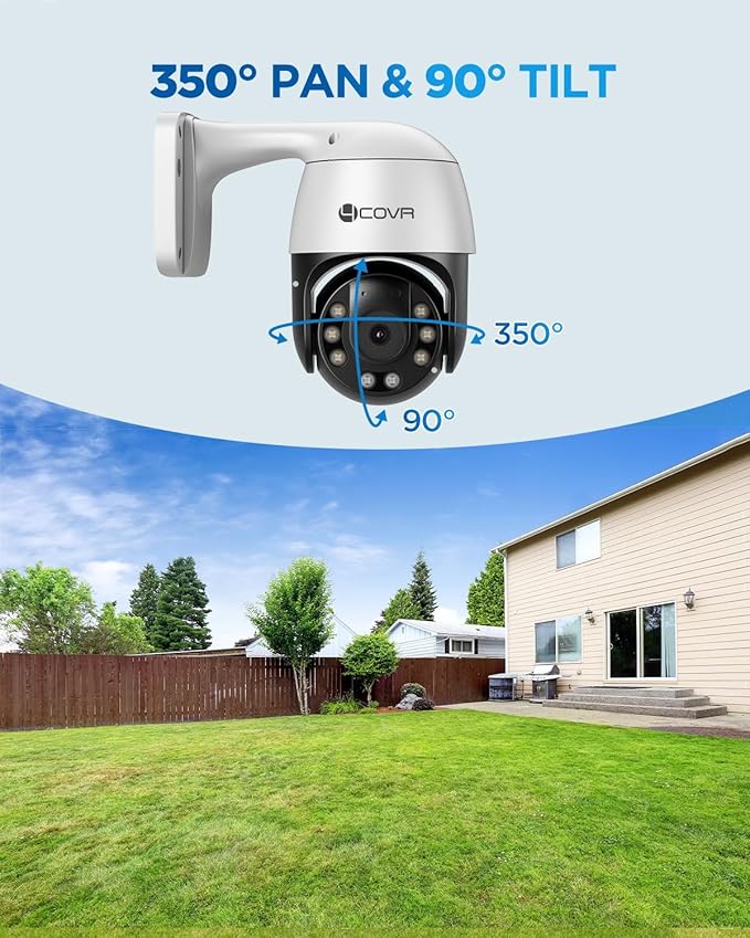 4COVR PoE PTZ Security Camera System, 350° Pan 90° Tilt 3X Digital Zoom, 4X 5MP PoE IP Camera, 8CH 4K NVR & 2TB HDD, AI Human Vehicle Detection, Smart Color Night Vision, Two Way Audio, LYM2XP5M0804