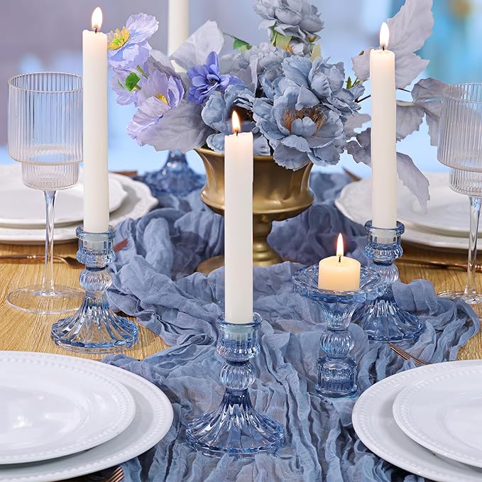12PCS Blue Candlestick Holders Set- 4" H Taper Candle Holders, Glass Candle Holders Bulk for Wedding, Party, Home Table Centerpieces, Festival Gifts & Windowsill Decor