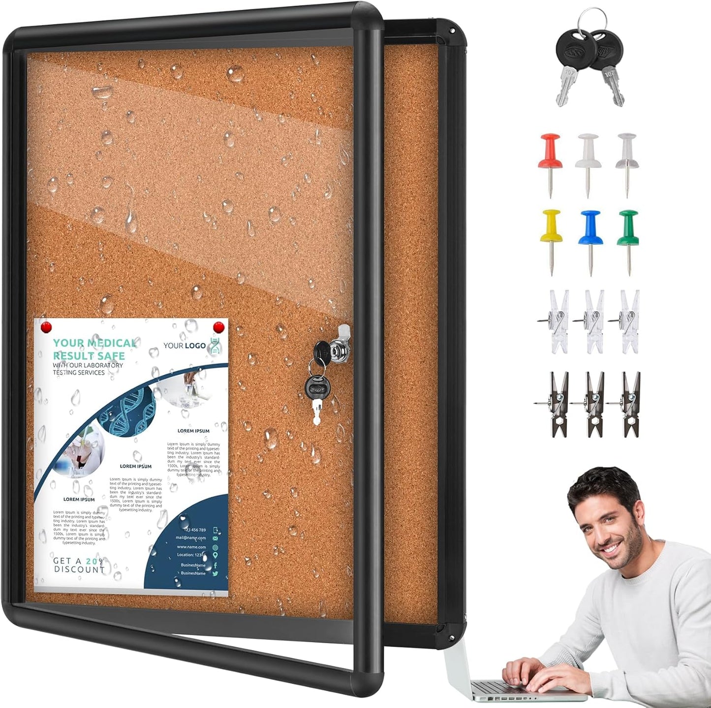 26"x20" Enclosed Cork Bulletin Board Tamper-Proof Dispaly Case, Aluminium Frame, Shatter Resistant Lockable Bulletin Board with Clear Acrylic Door for School,Office,Mall,Community,Hospital,Church